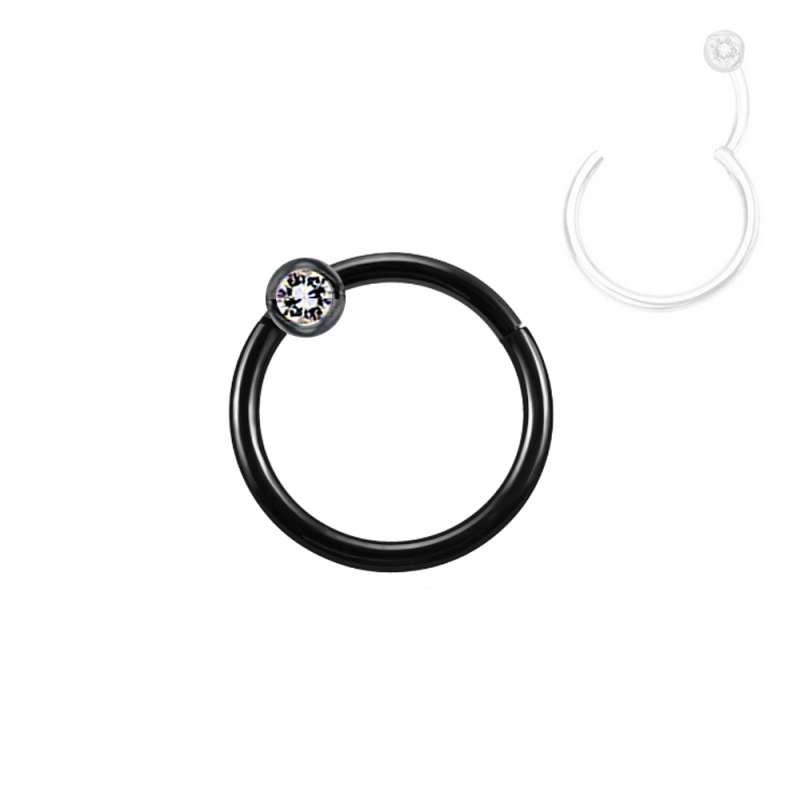 Black Steel Segment Ring Clicker - mit Kristall Kugel in Crystal Clear
